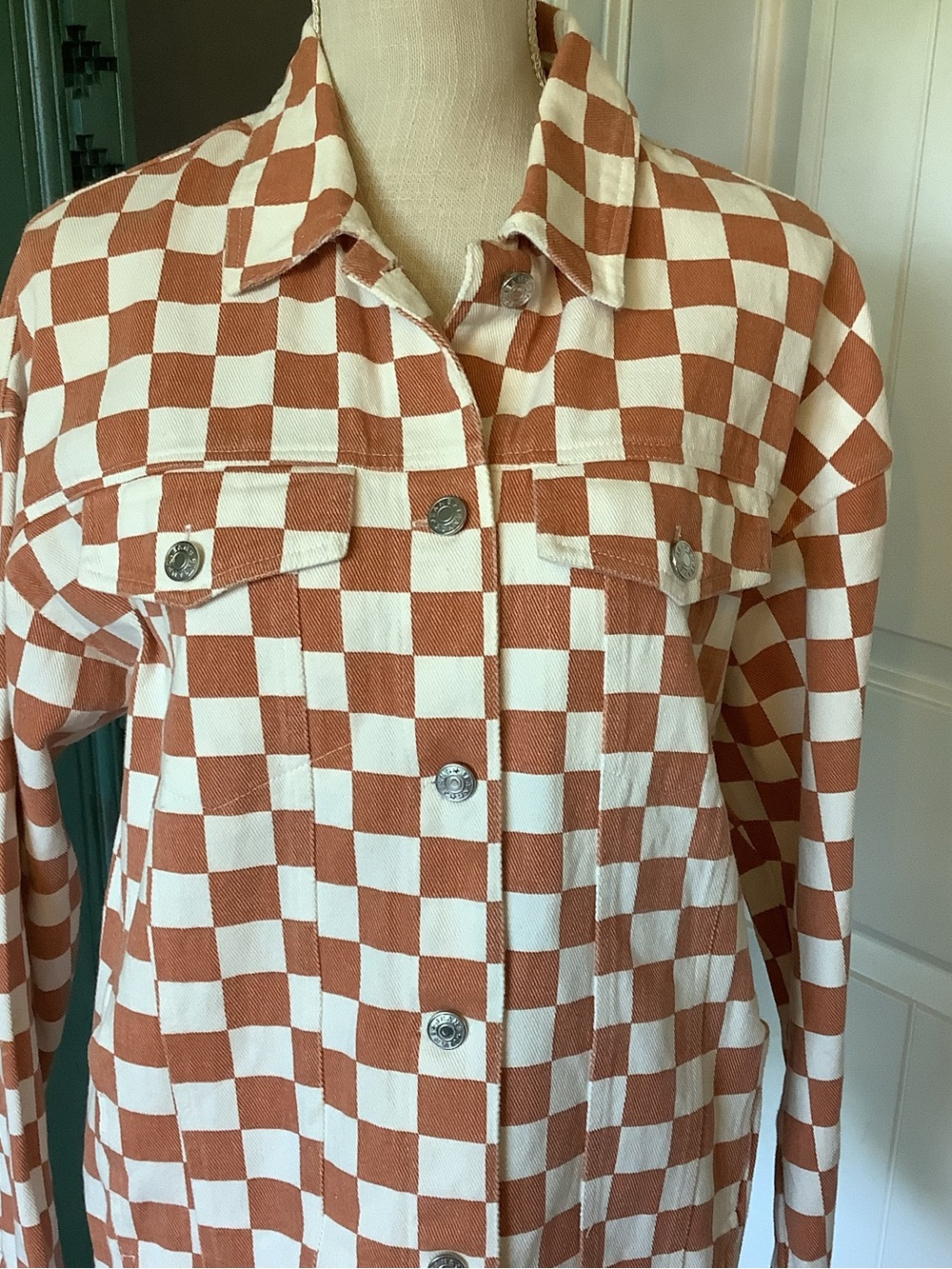 Checked Button-Front Jacket - White & Rusty Orange - Picture 2 of 6